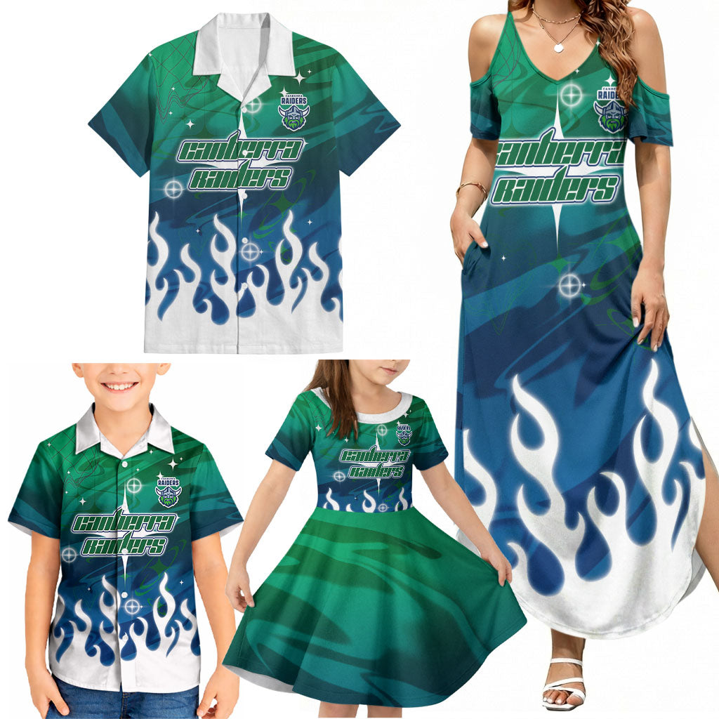 Personalized Canberra Raiders Family Matching Summer Maxi Dress and Hawaiian Shirt Y2K Grunge Aesthetic With Cyber Flames and Starburst Graphics