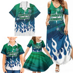 Personalized Canberra Raiders Family Matching Summer Maxi Dress and Hawaiian Shirt Y2K Grunge Aesthetic With Cyber Flames and Starburst Graphics