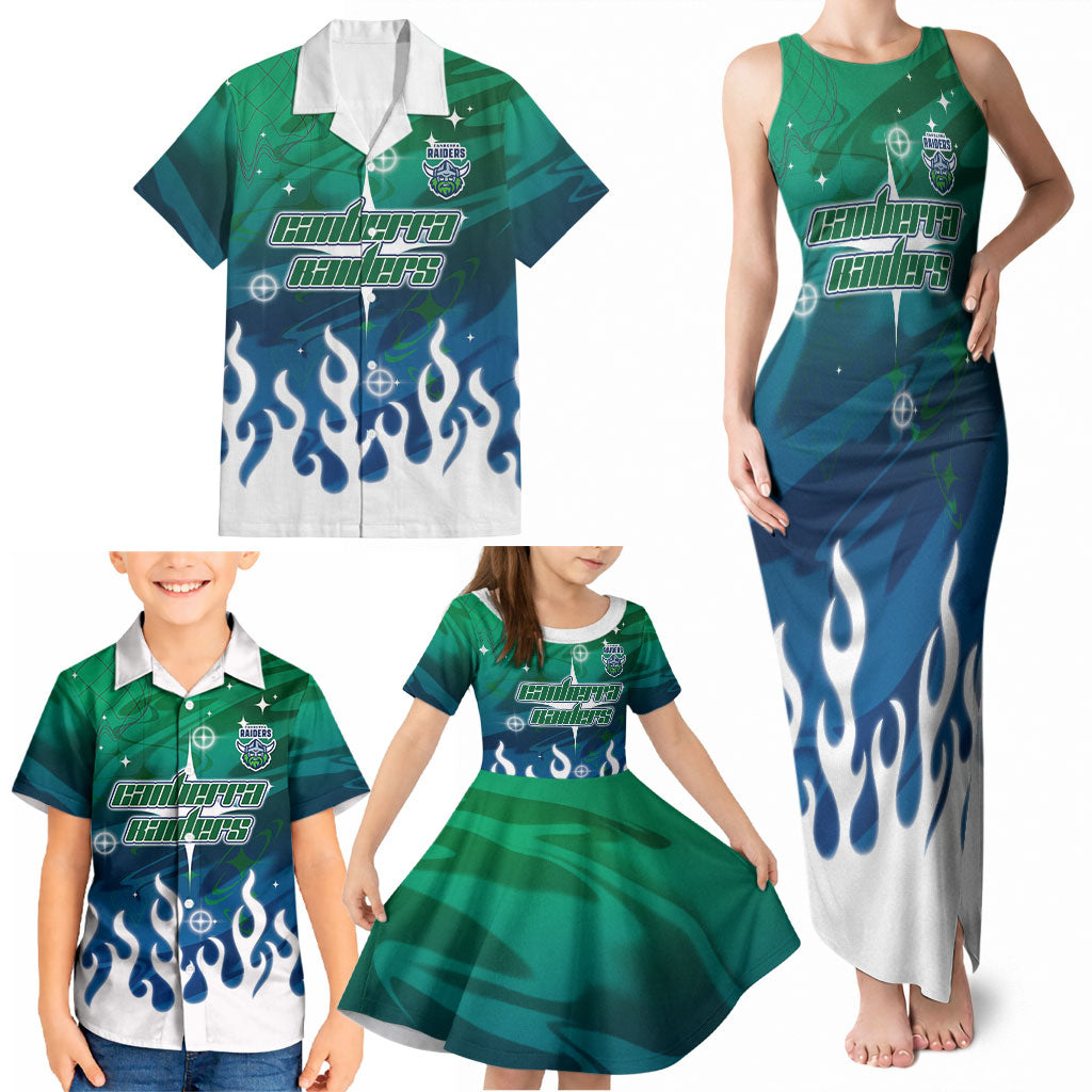 Personalized Canberra Raiders Family Matching Tank Maxi Dress and Hawaiian Shirt Y2K Grunge Aesthetic With Cyber Flames and Starburst Graphics