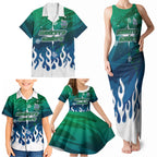 Personalized Canberra Raiders Family Matching Tank Maxi Dress and Hawaiian Shirt Y2K Grunge Aesthetic With Cyber Flames and Starburst Graphics