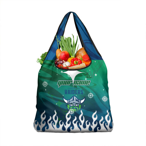 Personalized Canberra Raiders Grocery Bag Y2K Grunge Aesthetic With Cyber Flames and Starburst Graphics