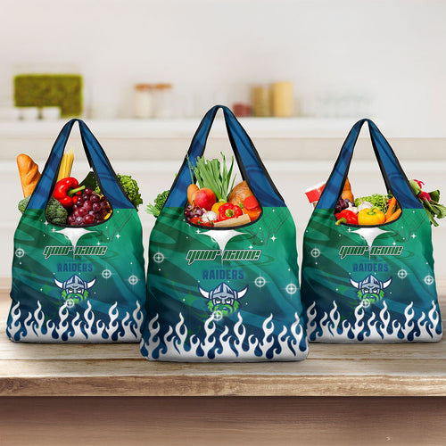 Personalized Canberra Raiders Grocery Bag Y2K Grunge Aesthetic With Cyber Flames and Starburst Graphics
