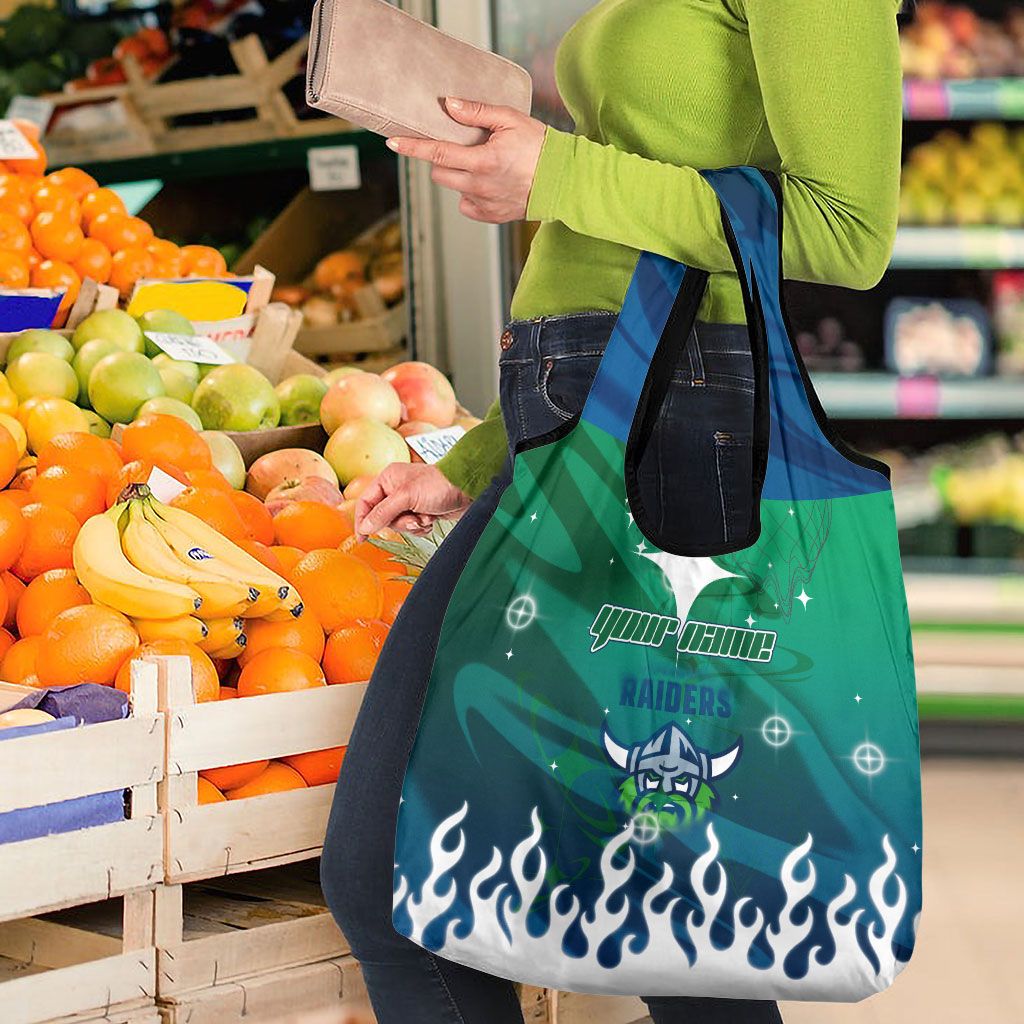 Personalized Canberra Raiders Grocery Bag Y2K Grunge Aesthetic With Cyber Flames and Starburst Graphics