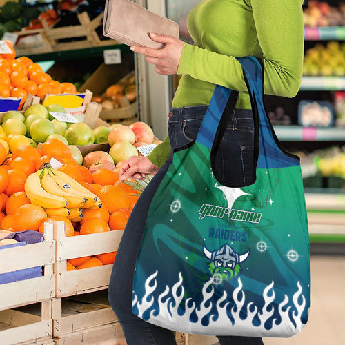 Personalized Canberra Raiders Grocery Bag Y2K Grunge Aesthetic With Cyber Flames and Starburst Graphics