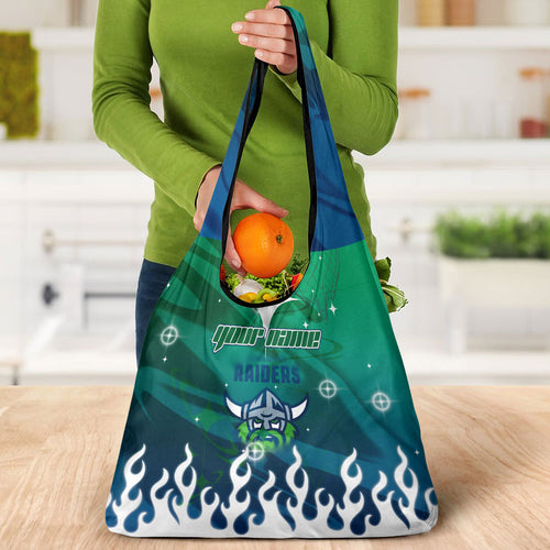 Personalized Canberra Raiders Grocery Bag Y2K Grunge Aesthetic With Cyber Flames and Starburst Graphics