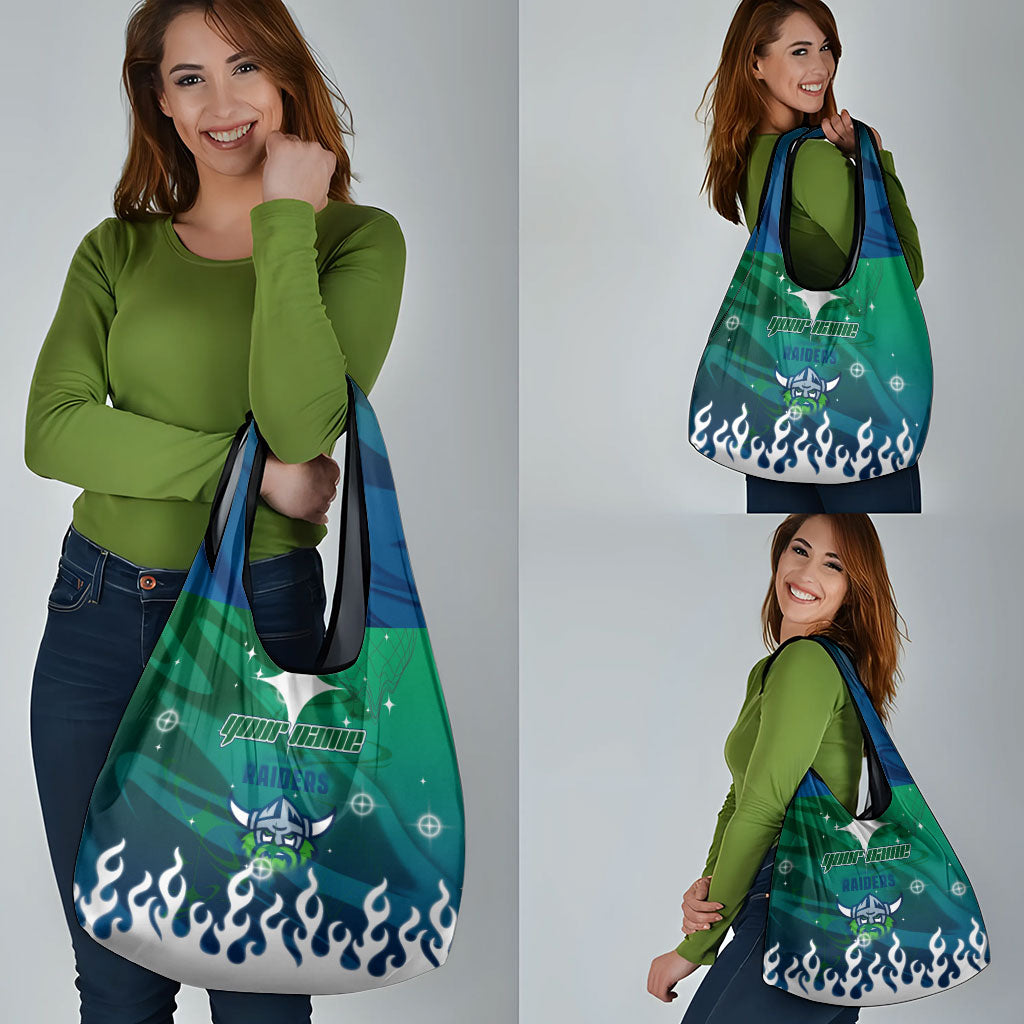 Personalized Canberra Raiders Grocery Bag Y2K Grunge Aesthetic With Cyber Flames and Starburst Graphics