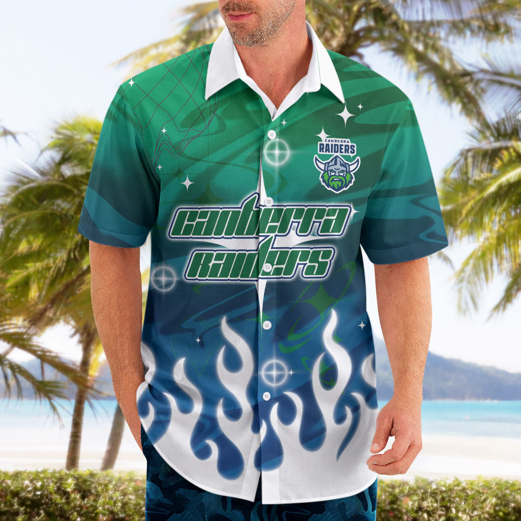 Personalized Canberra Raiders Hawaiian Shirt Y2K Grunge Aesthetic With Cyber Flames and Starburst Graphics