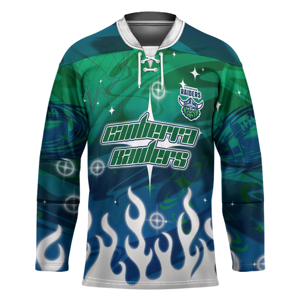 Personalized Canberra Raiders Hockey Jersey Y2K Grunge Aesthetic With Cyber Flames and Starburst Graphics
