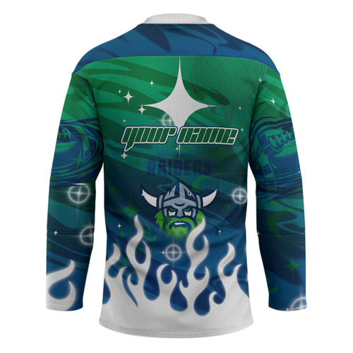 Personalized Canberra Raiders Hockey Jersey Y2K Grunge Aesthetic With Cyber Flames and Starburst Graphics