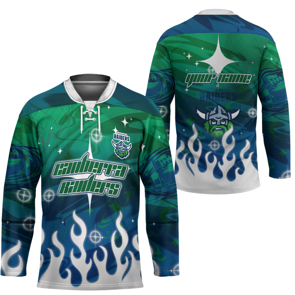 Personalized Canberra Raiders Hockey Jersey Y2K Grunge Aesthetic With Cyber Flames and Starburst Graphics