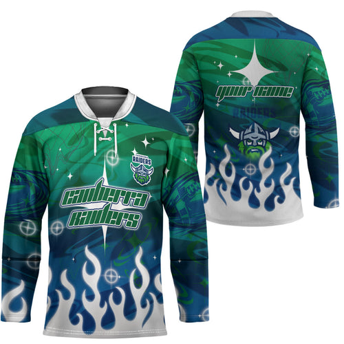 Personalized Canberra Raiders Hockey Jersey Y2K Grunge Aesthetic With Cyber Flames and Starburst Graphics