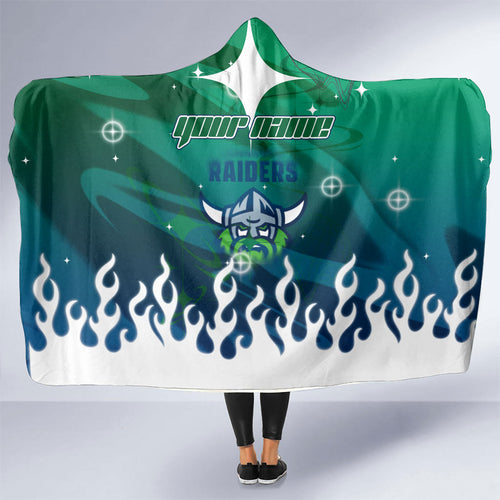 Personalized Canberra Raiders Hooded Blanket Y2K Grunge Aesthetic With Cyber Flames and Starburst Graphics