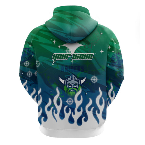 Personalized Canberra Raiders Hoodie Y2K Grunge Aesthetic With Cyber Flames and Starburst Graphics