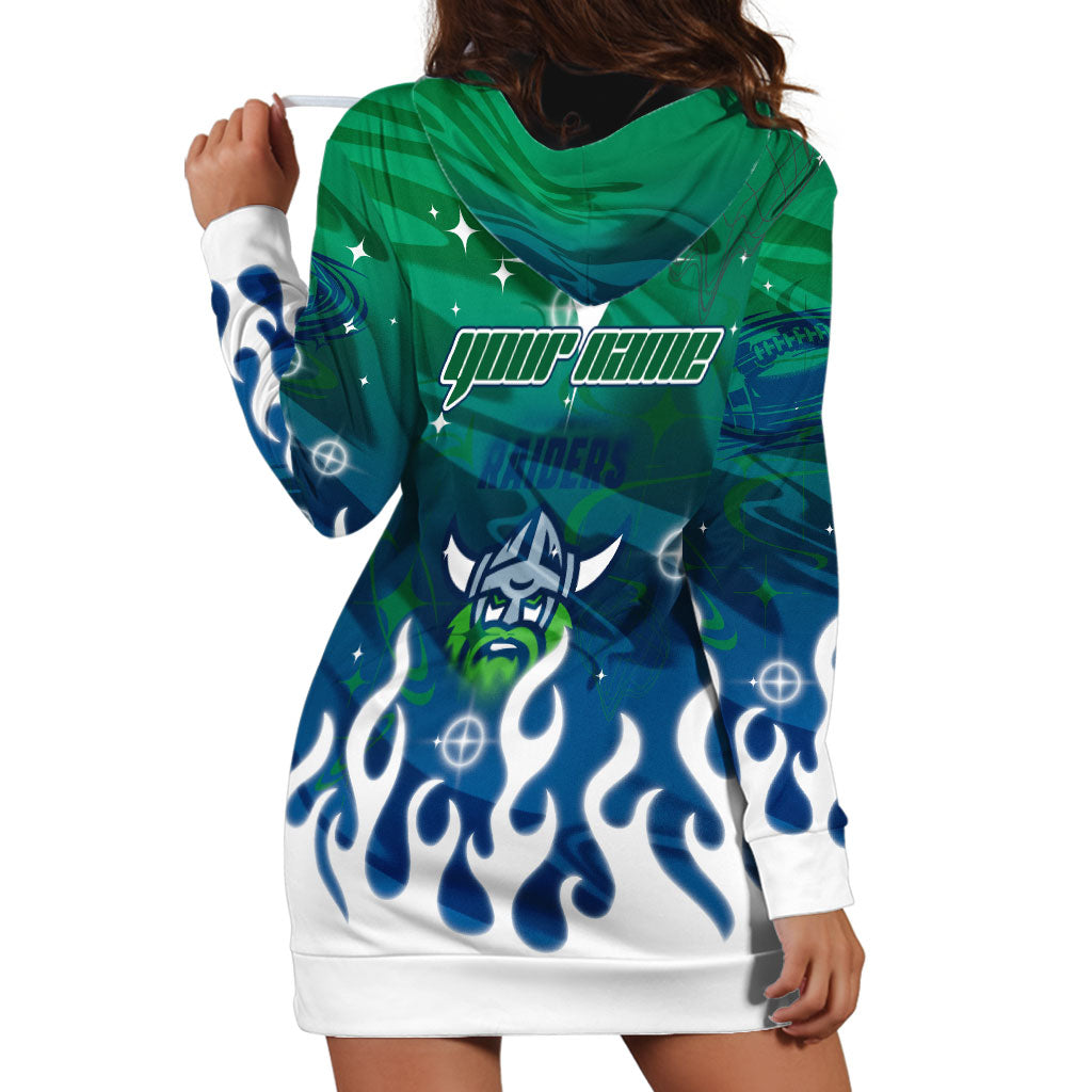 Personalized Canberra Raiders Hoodie Dress Y2K Grunge Aesthetic With Cyber Flames and Starburst Graphics