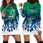 Personalized Canberra Raiders Hoodie Dress Y2K Grunge Aesthetic With Cyber Flames and Starburst Graphics