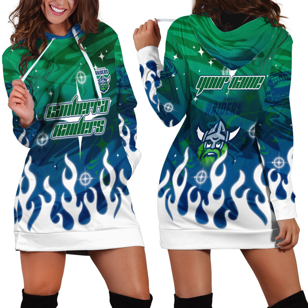 Personalized Canberra Raiders Hoodie Dress Y2K Grunge Aesthetic With Cyber Flames and Starburst Graphics