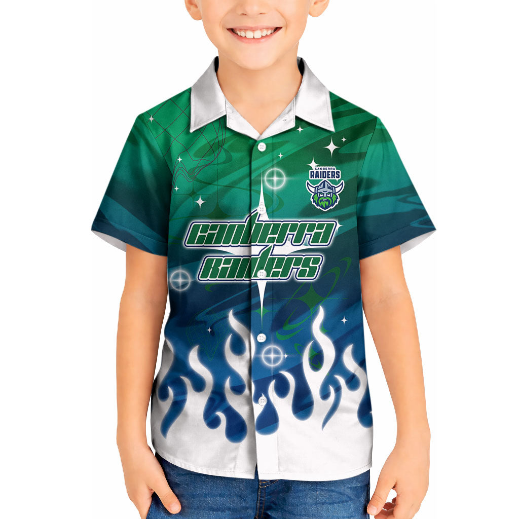 Personalized Canberra Raiders Kid Hawaiian Shirt Y2K Grunge Aesthetic With Cyber Flames and Starburst Graphics