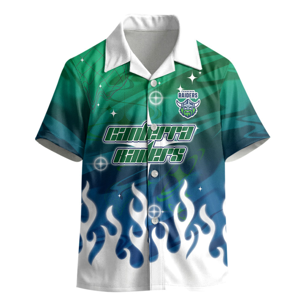 Personalized Canberra Raiders Kid Hawaiian Shirt Y2K Grunge Aesthetic With Cyber Flames and Starburst Graphics