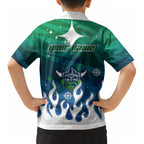 Personalized Canberra Raiders Kid Hawaiian Shirt Y2K Grunge Aesthetic With Cyber Flames and Starburst Graphics
