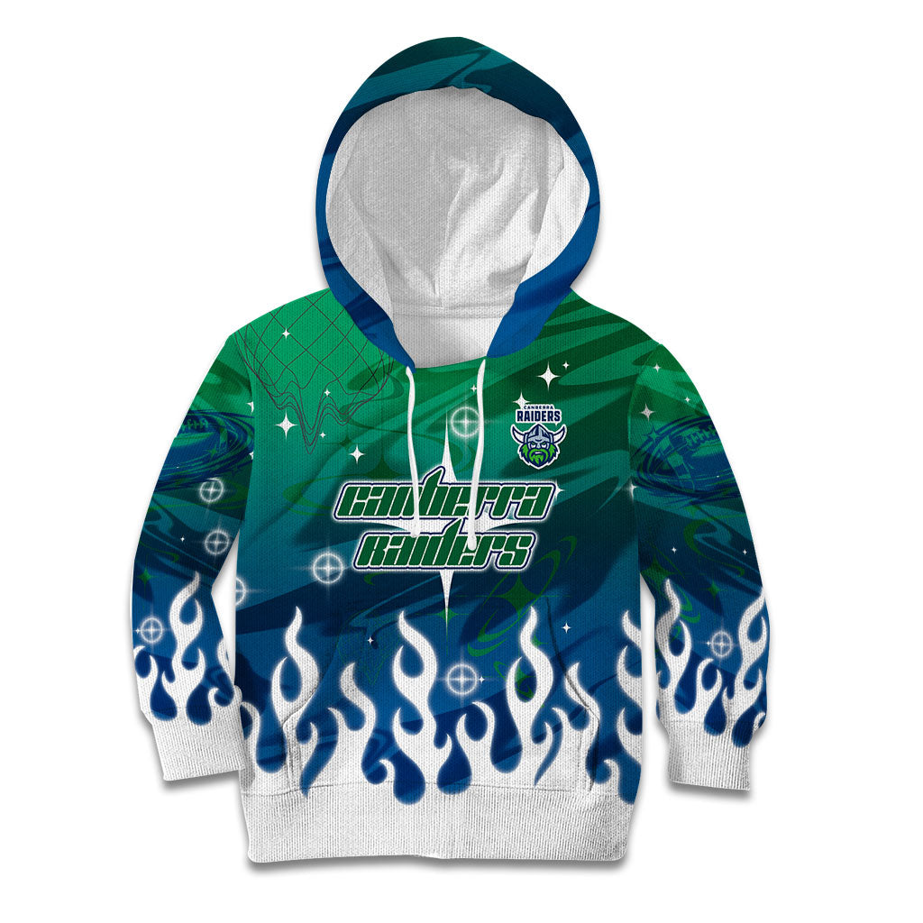 Personalized Canberra Raiders Kid Hoodie Y2K Grunge Aesthetic With Cyber Flames and Starburst Graphics