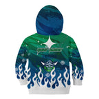 Personalized Canberra Raiders Kid Hoodie Y2K Grunge Aesthetic With Cyber Flames and Starburst Graphics