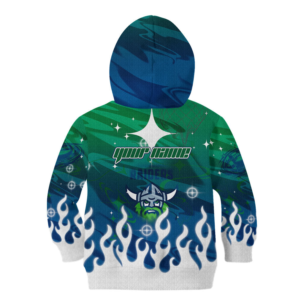 Personalized Canberra Raiders Kid Hoodie Y2K Grunge Aesthetic With Cyber Flames and Starburst Graphics
