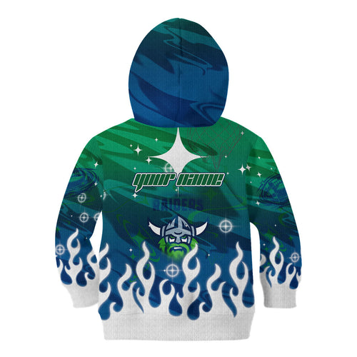 Personalized Canberra Raiders Kid Hoodie Y2K Grunge Aesthetic With Cyber Flames and Starburst Graphics