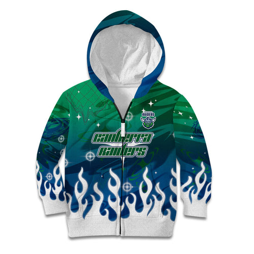 Personalized Canberra Raiders Kid Hoodie Y2K Grunge Aesthetic With Cyber Flames and Starburst Graphics
