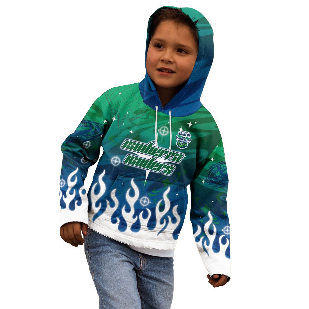 Personalized Canberra Raiders Kid Hoodie Y2K Grunge Aesthetic With Cyber Flames and Starburst Graphics