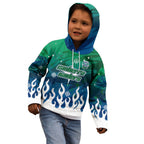 Personalized Canberra Raiders Kid Hoodie Y2K Grunge Aesthetic With Cyber Flames and Starburst Graphics