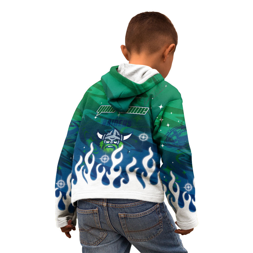 Personalized Canberra Raiders Kid Hoodie Y2K Grunge Aesthetic With Cyber Flames and Starburst Graphics