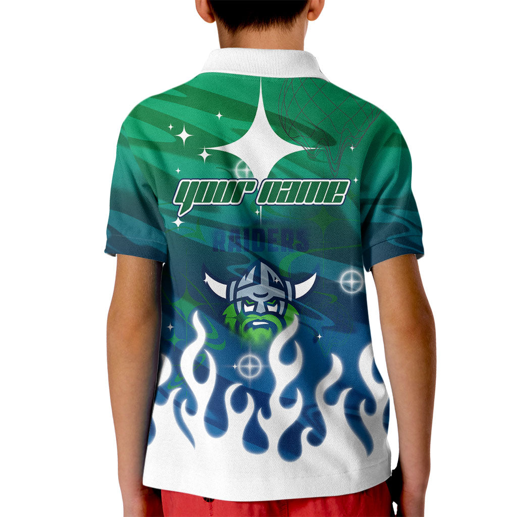 Personalized Canberra Raiders Kid Polo Shirt Y2K Grunge Aesthetic With Cyber Flames and Starburst Graphics
