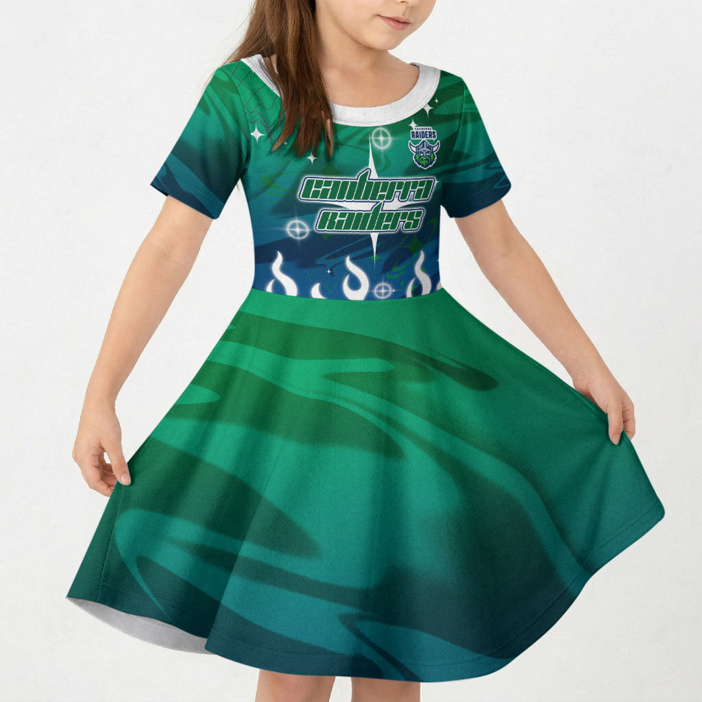 Personalized Canberra Raiders Kid Short Sleeve Dress Y2K Grunge Aesthetic With Cyber Flames and Starburst Graphics