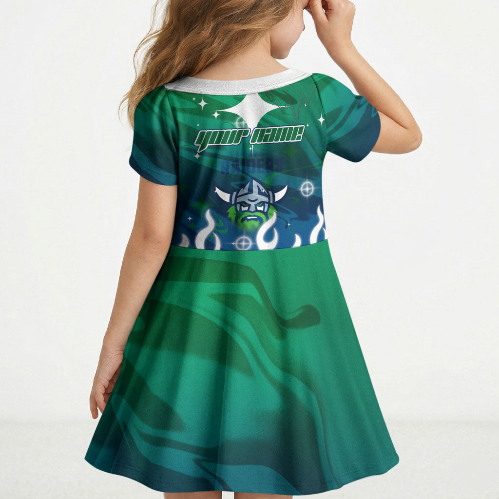 Personalized Canberra Raiders Kid Short Sleeve Dress Y2K Grunge Aesthetic With Cyber Flames and Starburst Graphics