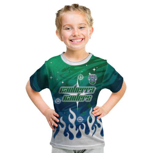 Personalized Canberra Raiders Kid T Shirt Y2K Grunge Aesthetic With Cyber Flames and Starburst Graphics