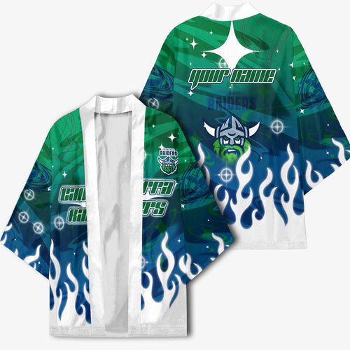 Personalized Canberra Raiders Kimono Y2K Grunge Aesthetic With Cyber Flames and Starburst Graphics