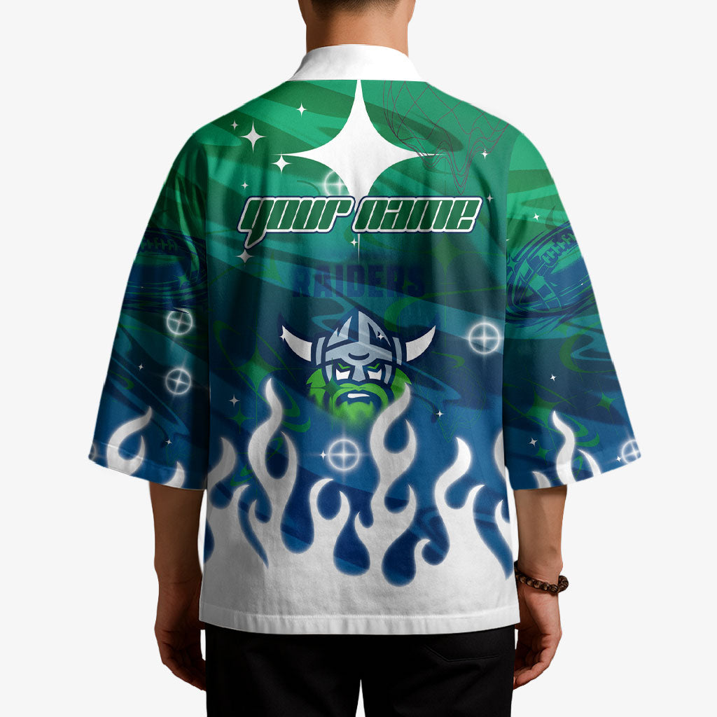 Personalized Canberra Raiders Kimono Y2K Grunge Aesthetic With Cyber Flames and Starburst Graphics