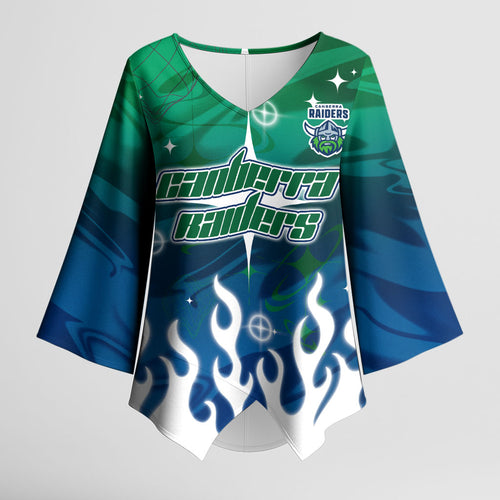 Personalized Canberra Raiders Kimono Sleeve Blouse Y2K Grunge Aesthetic With Cyber Flames and Starburst Graphics