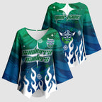 Personalized Canberra Raiders Kimono Sleeve Blouse Y2K Grunge Aesthetic With Cyber Flames and Starburst Graphics