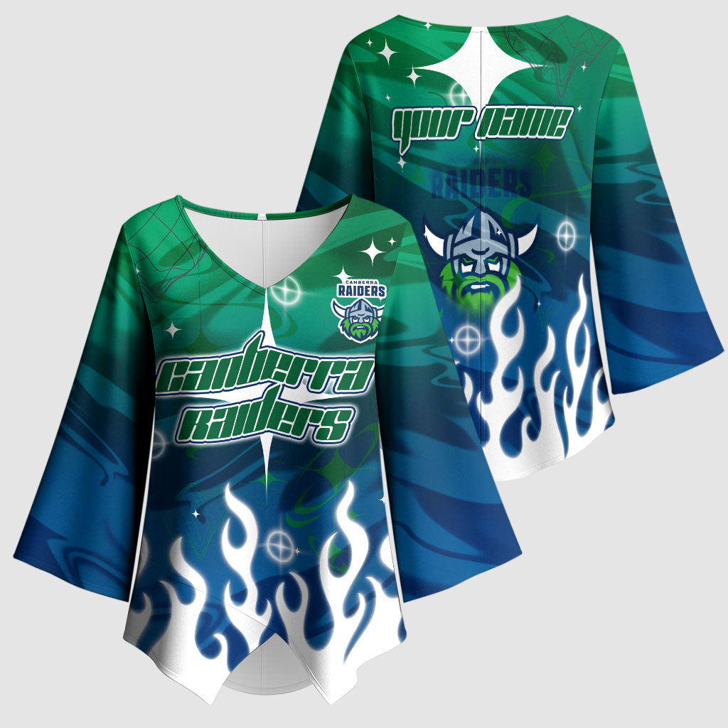 Personalized Canberra Raiders Kimono Sleeve Blouse Y2K Grunge Aesthetic With Cyber Flames and Starburst Graphics
