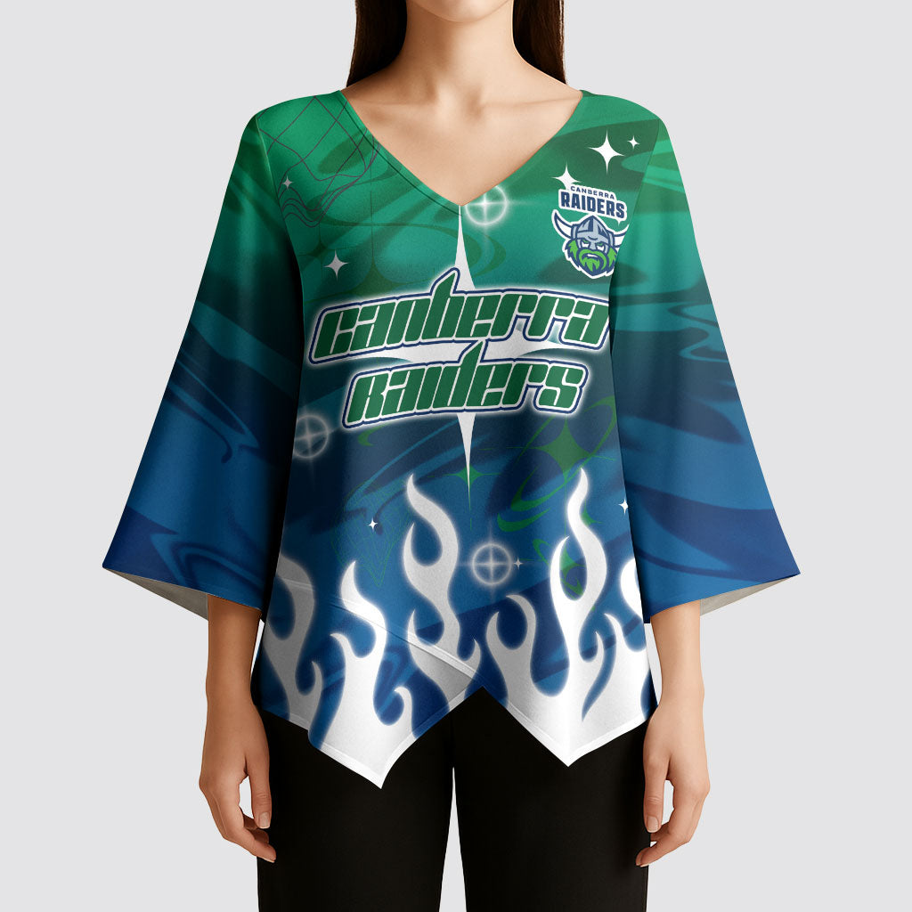 Personalized Canberra Raiders Kimono Sleeve Blouse Y2K Grunge Aesthetic With Cyber Flames and Starburst Graphics