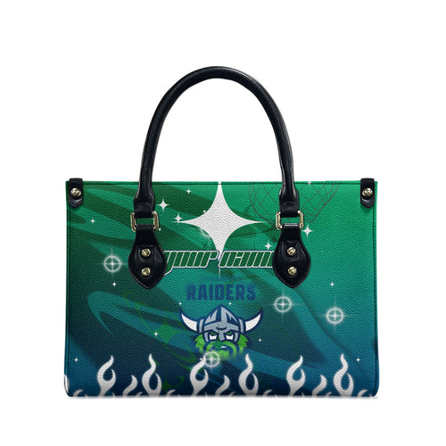 Personalized Canberra Raiders Leather Bag Y2K Grunge Aesthetic With Cyber Flames and Starburst Graphics