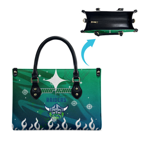 Personalized Canberra Raiders Leather Bag Y2K Grunge Aesthetic With Cyber Flames and Starburst Graphics
