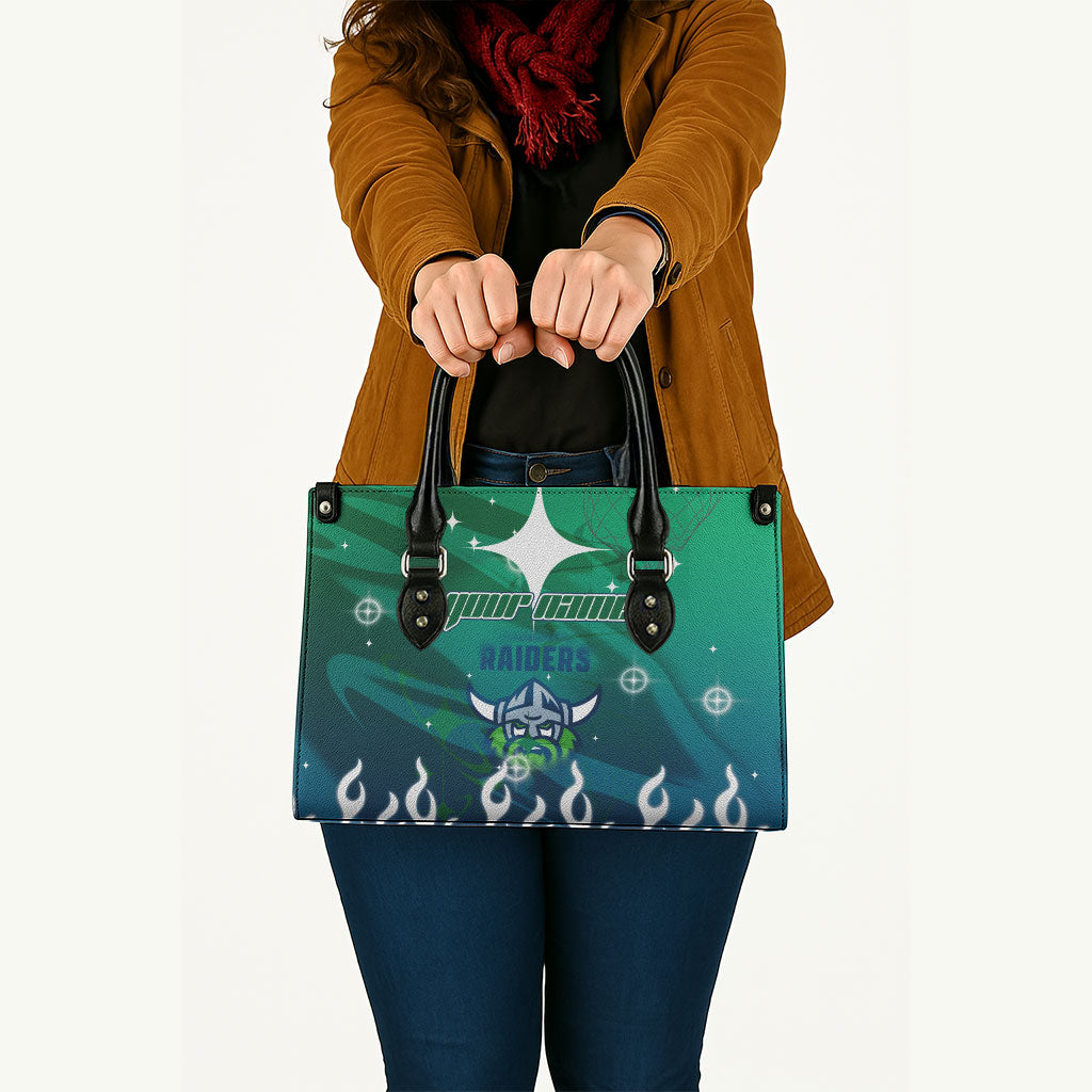 Personalized Canberra Raiders Leather Bag Y2K Grunge Aesthetic With Cyber Flames and Starburst Graphics