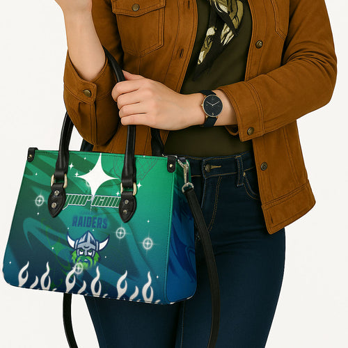 Personalized Canberra Raiders Leather Bag Y2K Grunge Aesthetic With Cyber Flames and Starburst Graphics