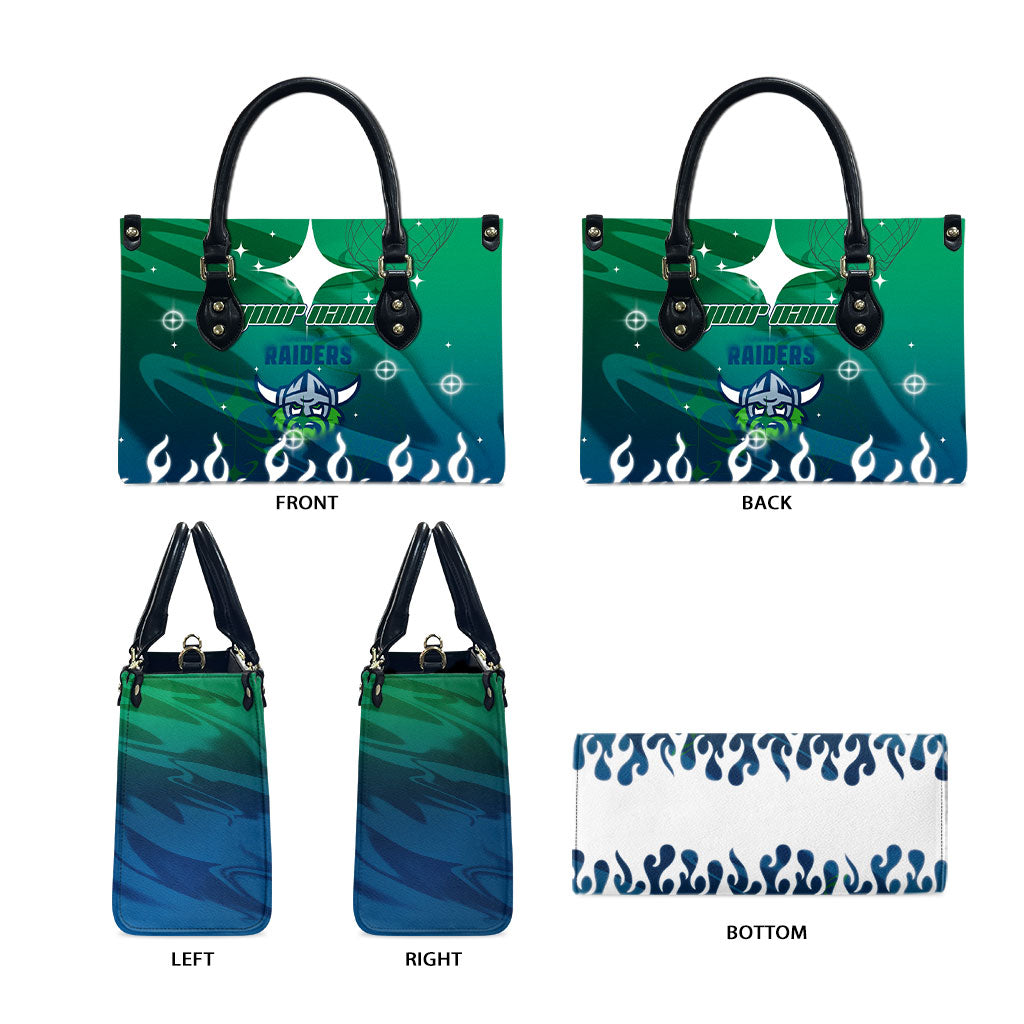 Personalized Canberra Raiders Leather Bag Y2K Grunge Aesthetic With Cyber Flames and Starburst Graphics