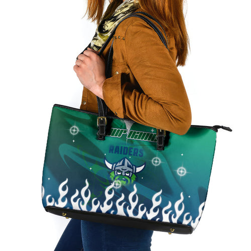 Personalized Canberra Raiders Leather Tote Bag Y2K Grunge Aesthetic With Cyber Flames and Starburst Graphics