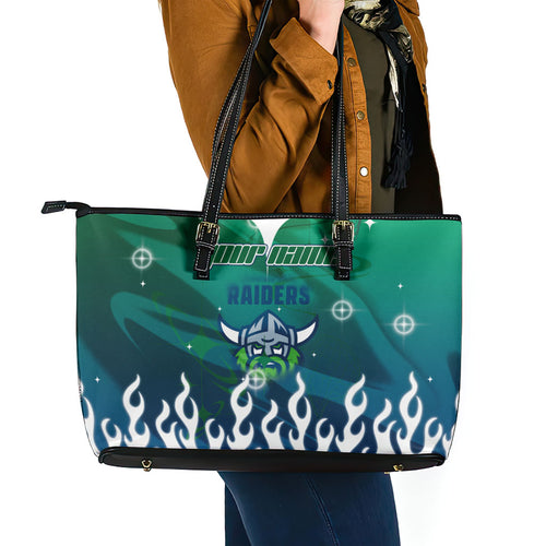 Personalized Canberra Raiders Leather Tote Bag Y2K Grunge Aesthetic With Cyber Flames and Starburst Graphics