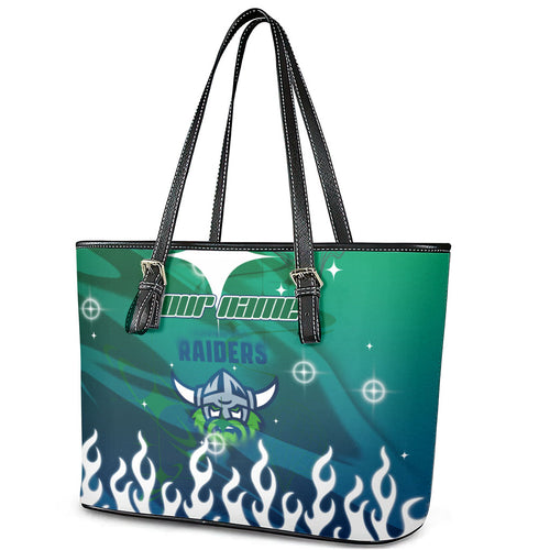 Personalized Canberra Raiders Leather Tote Bag Y2K Grunge Aesthetic With Cyber Flames and Starburst Graphics