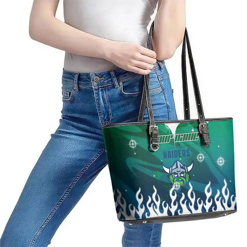 Personalized Canberra Raiders Leather Tote Bag Y2K Grunge Aesthetic With Cyber Flames and Starburst Graphics